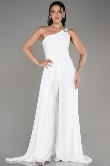 White Long Chiffon Party Evening Jumpsuit ABT116