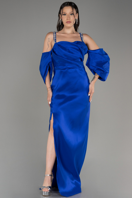 Sax Blue Slit Long Plus Size Evening Dress ABU3921