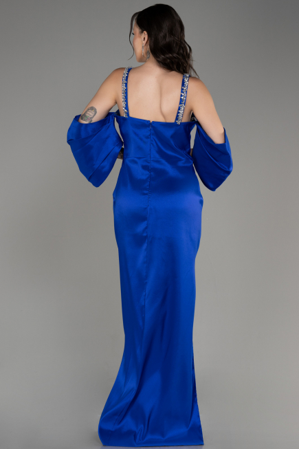 Sax Blue Slit Long Plus Size Evening Dress ABU3921