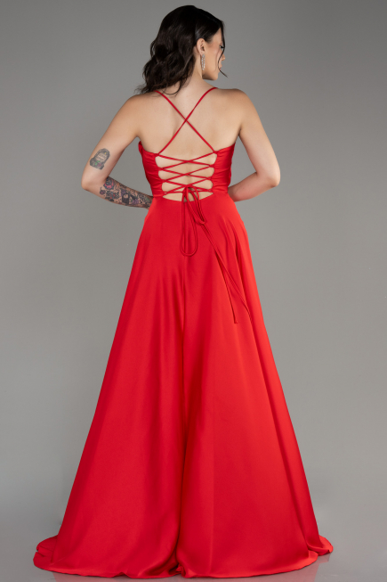 Red Slit Long Satin Prom Dress ABU4017