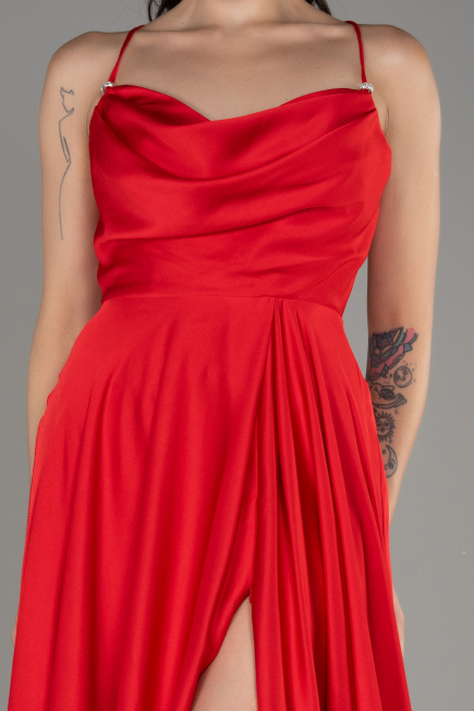 Red Slit Long Satin Prom Dress ABU4017
