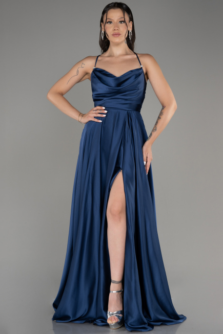 Navy Blue Slit Long Satin Prom Dress ABU4017