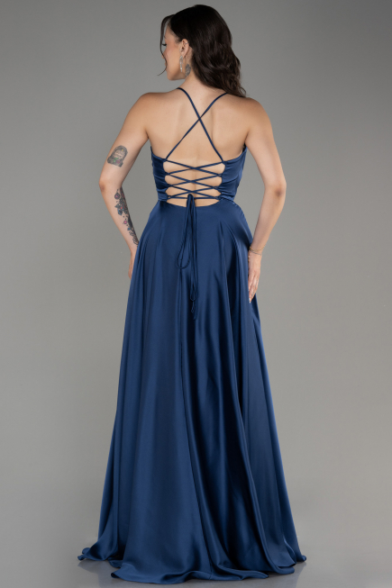 Navy Blue Slit Long Satin Prom Dress ABU4017