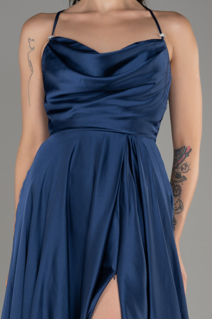 Navy Blue Slit Long Satin Prom Dress ABU4017