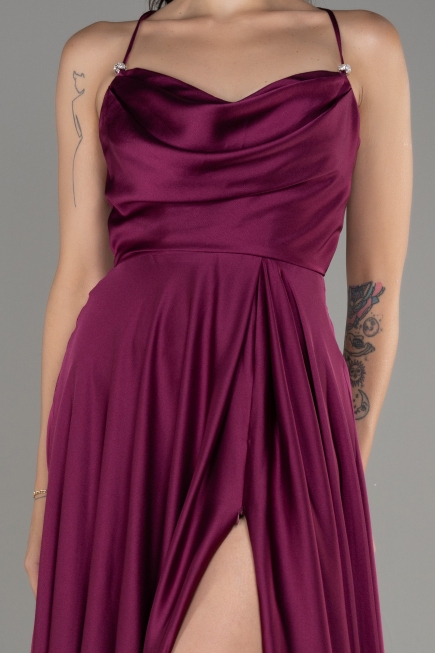 Plum Slit Long Satin Prom Dress ABU4017