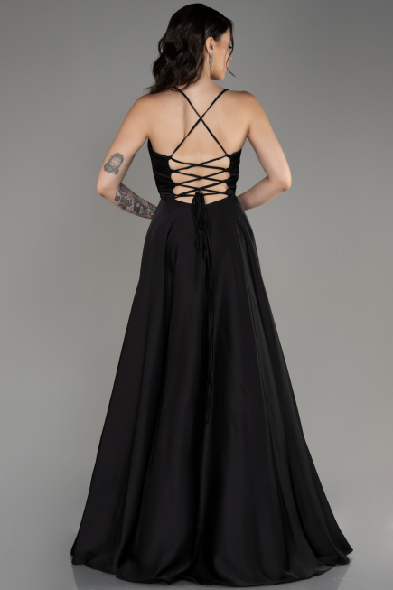 Black Slit Long Satin Prom Dress ABU4017