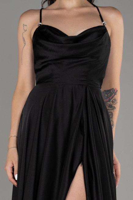Black Slit Long Satin Prom Dress ABU4017