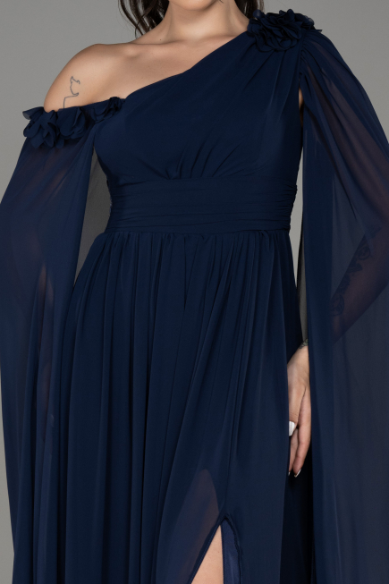 Navy Blue Slit Shawl Long Chiffon Evening Dress ABU4001