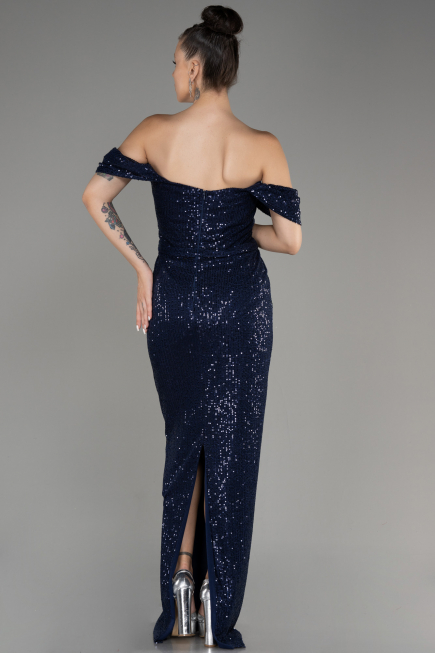 Navy Blue Shoulder Low Cut Long Sequin Plus Size Evening Dress ABU3919