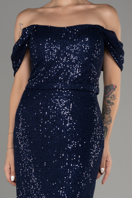 Navy Blue Shoulder Low Cut Long Sequin Plus Size Evening Dress ABU3919