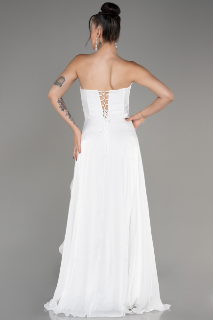 White Strapless Slit Long Chiffon Prom Dress ABU4012