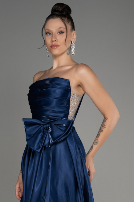 Navy Blue Strapless Slit Long Ball Gown ABU4015