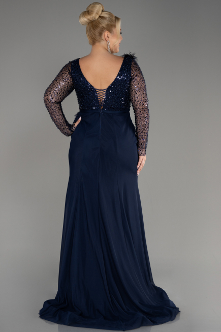 Navy Blue Sequined Long Sleeve Slit Pus Size Evening Dress ABU3284