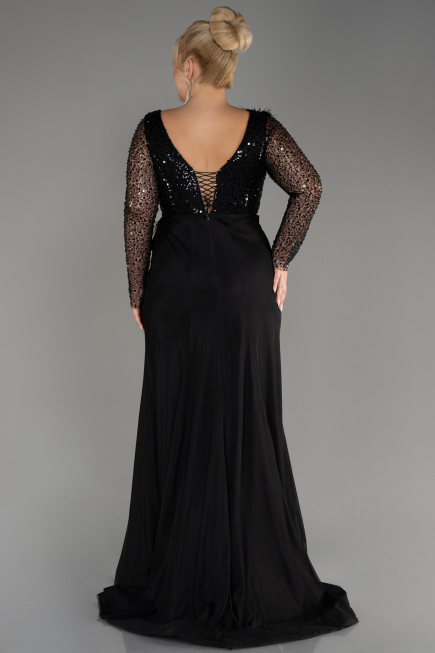 Black Sequined Long Sleeve Slit Pus Size Evening Dress ABU3284