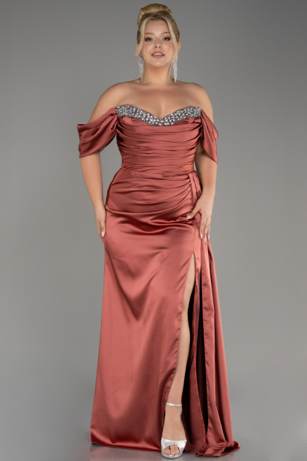 Light Brown Long Satin Plus Size Engagement Dress ABU3655