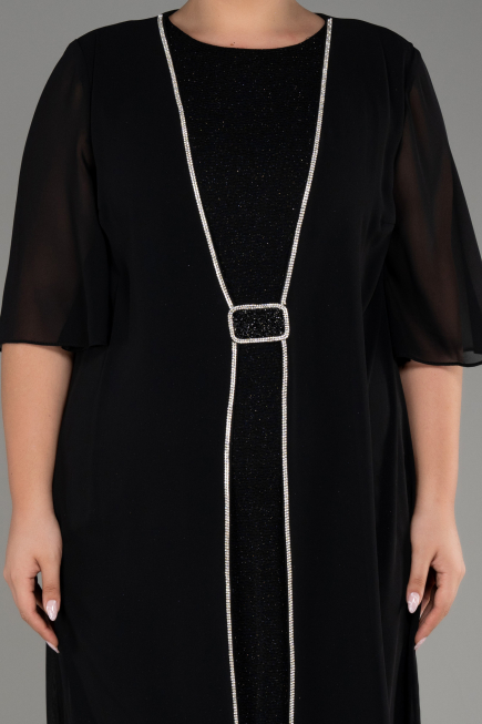 Black Short Sleeve Chiffon Midi Plus Size Evening Dress ABK2108