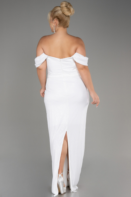 White Shoulder Low Cut Long Sequin Plus Size Evening Dress ABU3919