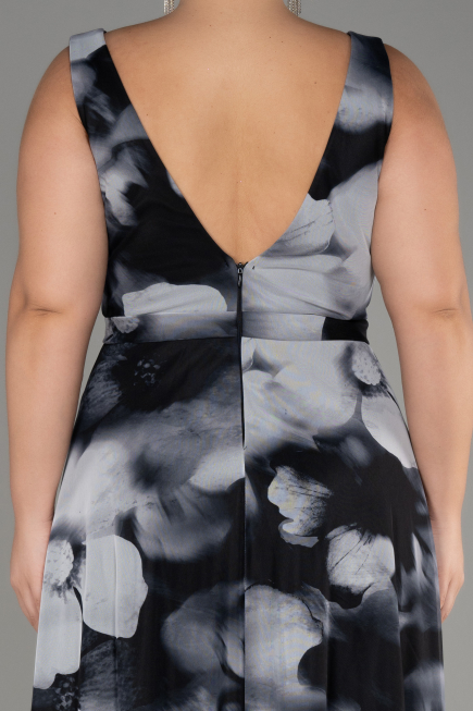 Anthracite Sleeveless Printed Chiffon Plus Size Prom Dress ABU4050
