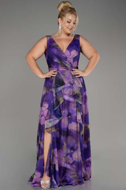 Purple Sleeveless Printed Chiffon Plus Size Prom Dress ABU4050