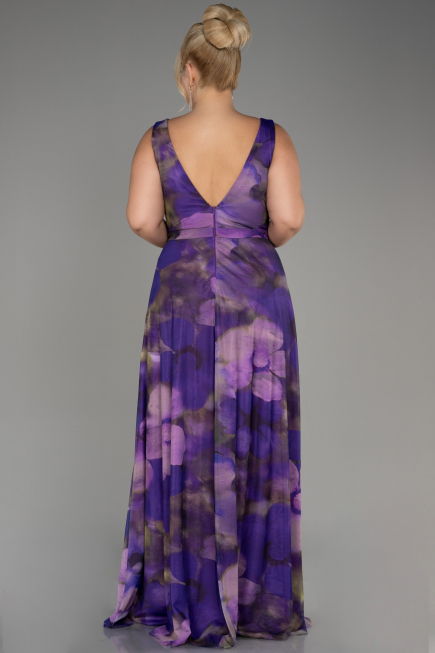 Purple Sleeveless Printed Chiffon Plus Size Prom Dress ABU4050