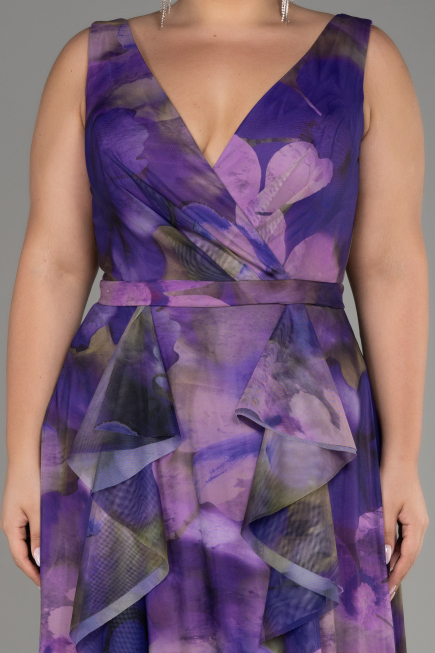 Purple Sleeveless Printed Chiffon Plus Size Prom Dress ABU4050