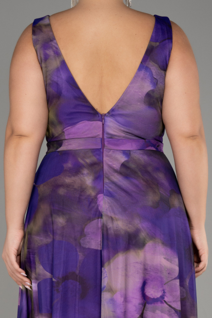 Purple Sleeveless Printed Chiffon Plus Size Prom Dress ABU4050