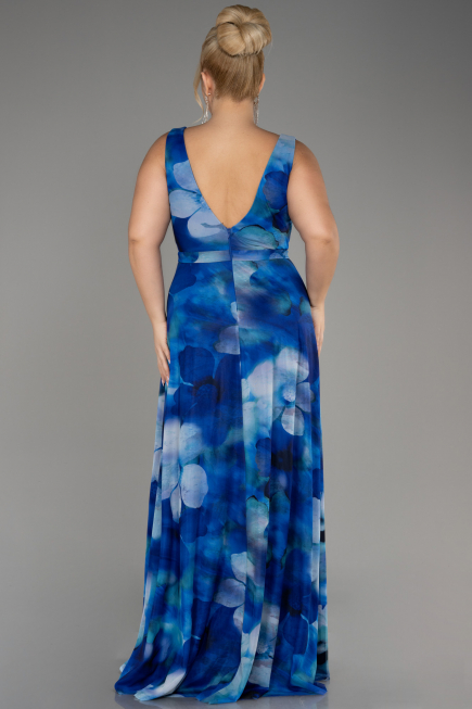 Sax Blue Sleeveless Printed Chiffon Plus Size Prom Dress ABU4050