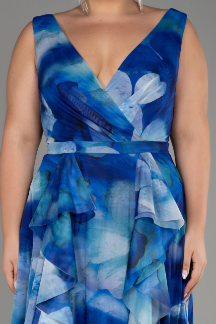 Sax Blue Sleeveless Printed Chiffon Plus Size Prom Dress ABU4050