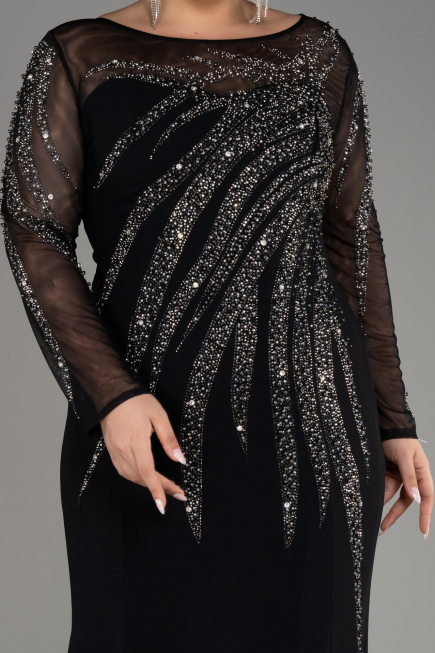Black Stoned Long Sleeve Plus Size Evening Gown ABU3928