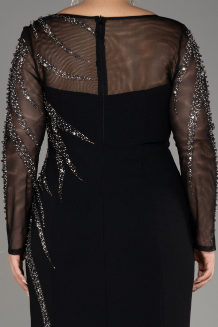 Black Stoned Long Sleeve Plus Size Evening Gown ABU3928