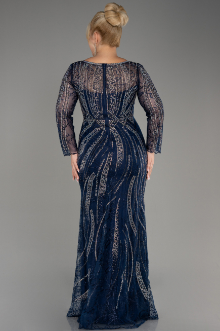 Navy Blue Long Sleeve Stone Guipure Plus Size Evening Gown ABU4052
