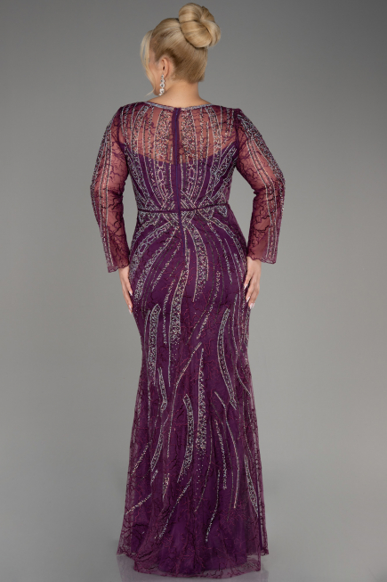 Plum Long Sleeve Stone Guipure Plus Size Evening Gown ABU4052