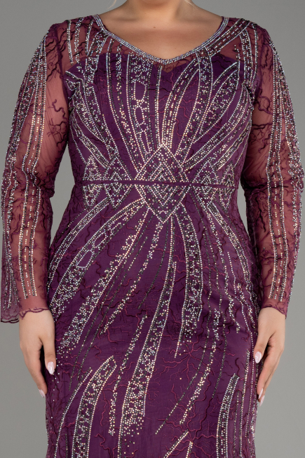 Plum Long Sleeve Stone Guipure Plus Size Evening Gown ABU4052