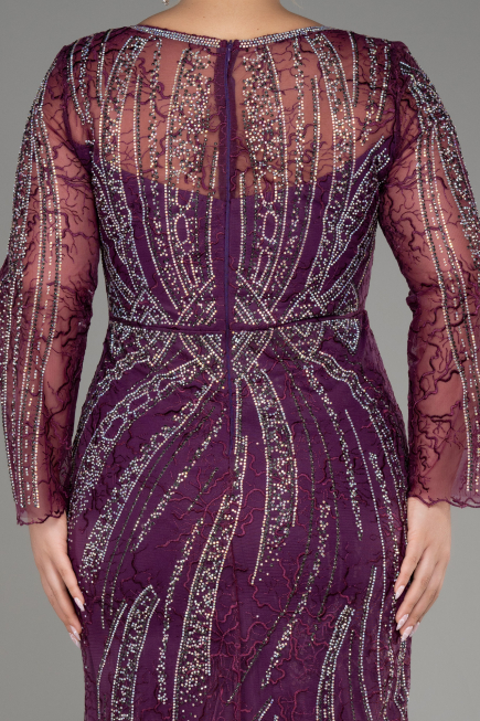 Plum Long Sleeve Stone Guipure Plus Size Evening Gown ABU4052