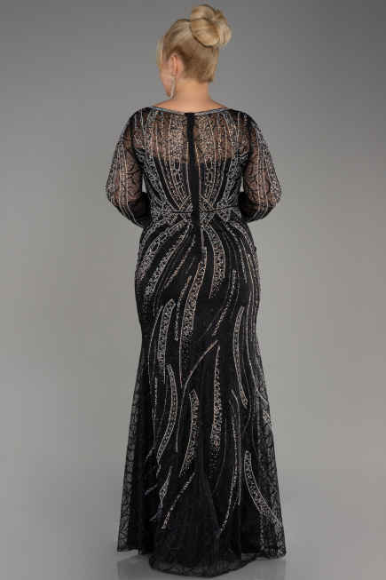 Black Long Sleeve Stone Guipure Plus Size Evening Gown ABU4052