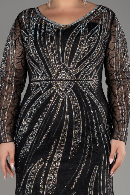 Black Long Sleeve Stone Guipure Plus Size Evening Gown ABU4052