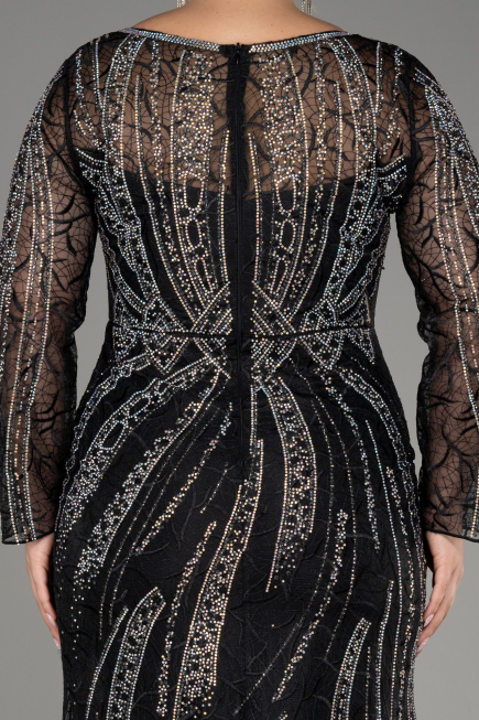 Black Long Sleeve Stone Guipure Plus Size Evening Gown ABU4052