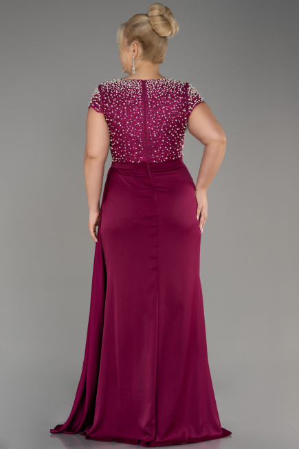 Plum Slit Beaded Long Satin Plus Size Evening Gown ABU4053