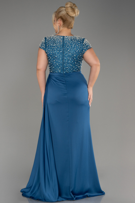Oil Green Slit Beaded Long Satin Plus Size Evening Gown ABU4053
