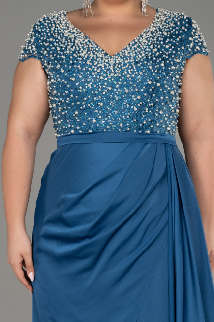 Oil Green Slit Beaded Long Satin Plus Size Evening Gown ABU4053