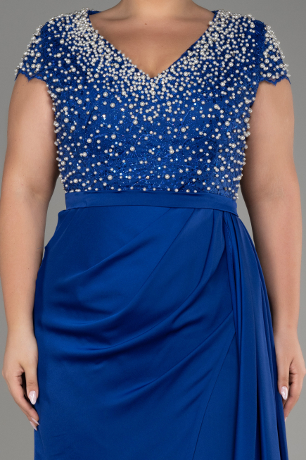 Sax Blue Slit Beaded Long Satin Plus Size Evening Gown ABU4053