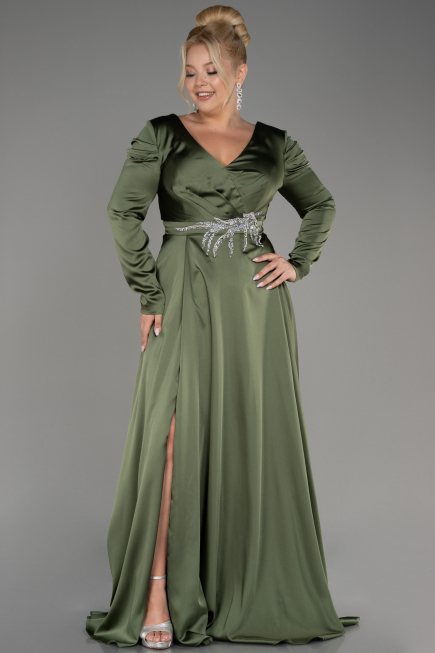 Olive Drab Long Sleeve Satin Plus Size Evening Dress ABU3941