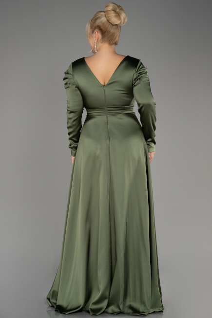 Olive Drab Long Sleeve Satin Plus Size Evening Dress ABU3941