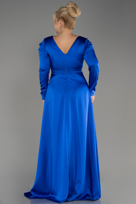 Sax Blue Long Sleeve Satin Plus Size Evening Dress ABU3941