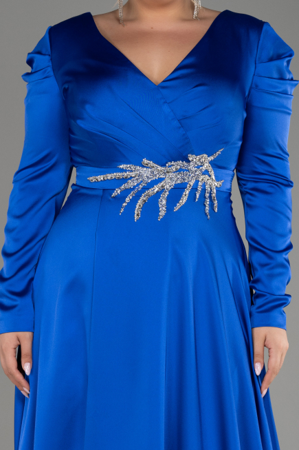 Sax Blue Long Sleeve Satin Plus Size Evening Dress ABU3941