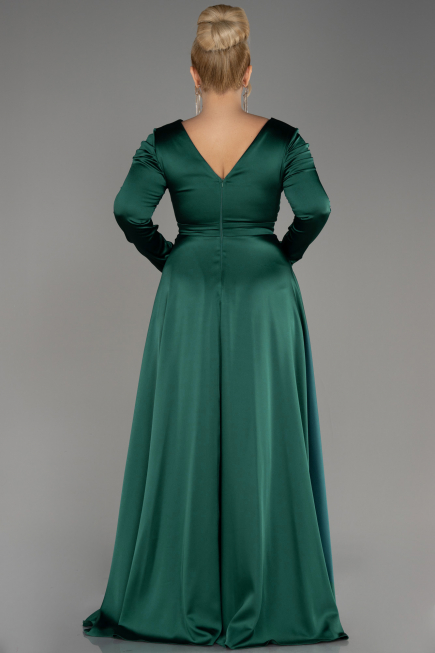 Emerald Green Long Sleeve Satin Plus Size Evening Dress ABU3941