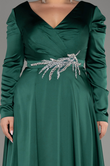 Emerald Green Long Sleeve Satin Plus Size Evening Dress ABU3941