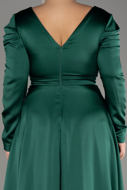 Emerald Green Long Sleeve Satin Plus Size Evening Dress ABU3941