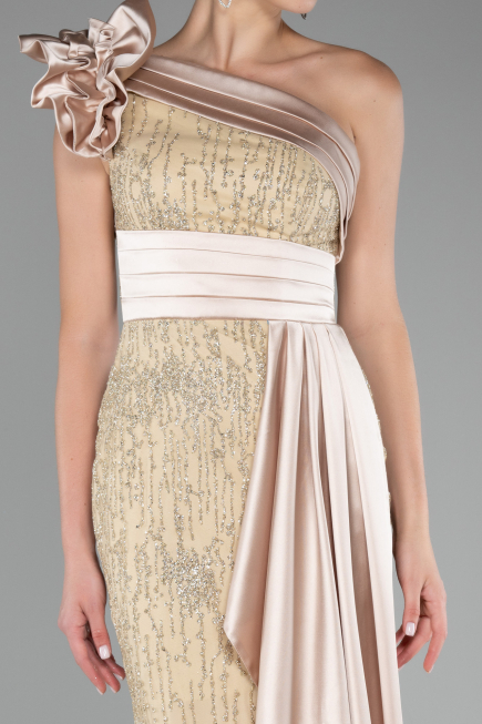 Gold One Shoulder Glitter Long Evening Gown ABU4059