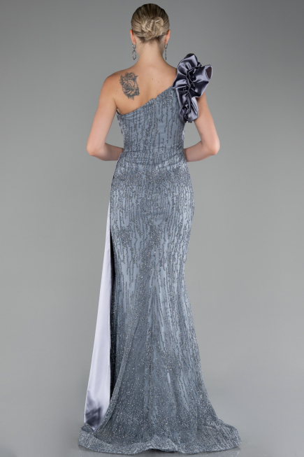 Grey One Shoulder Glitter Long Evening Gown ABU4059